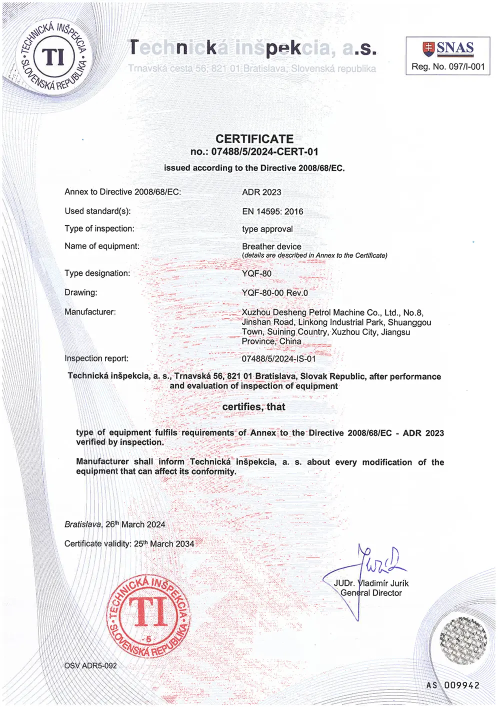 ADR Certified Breather Valve