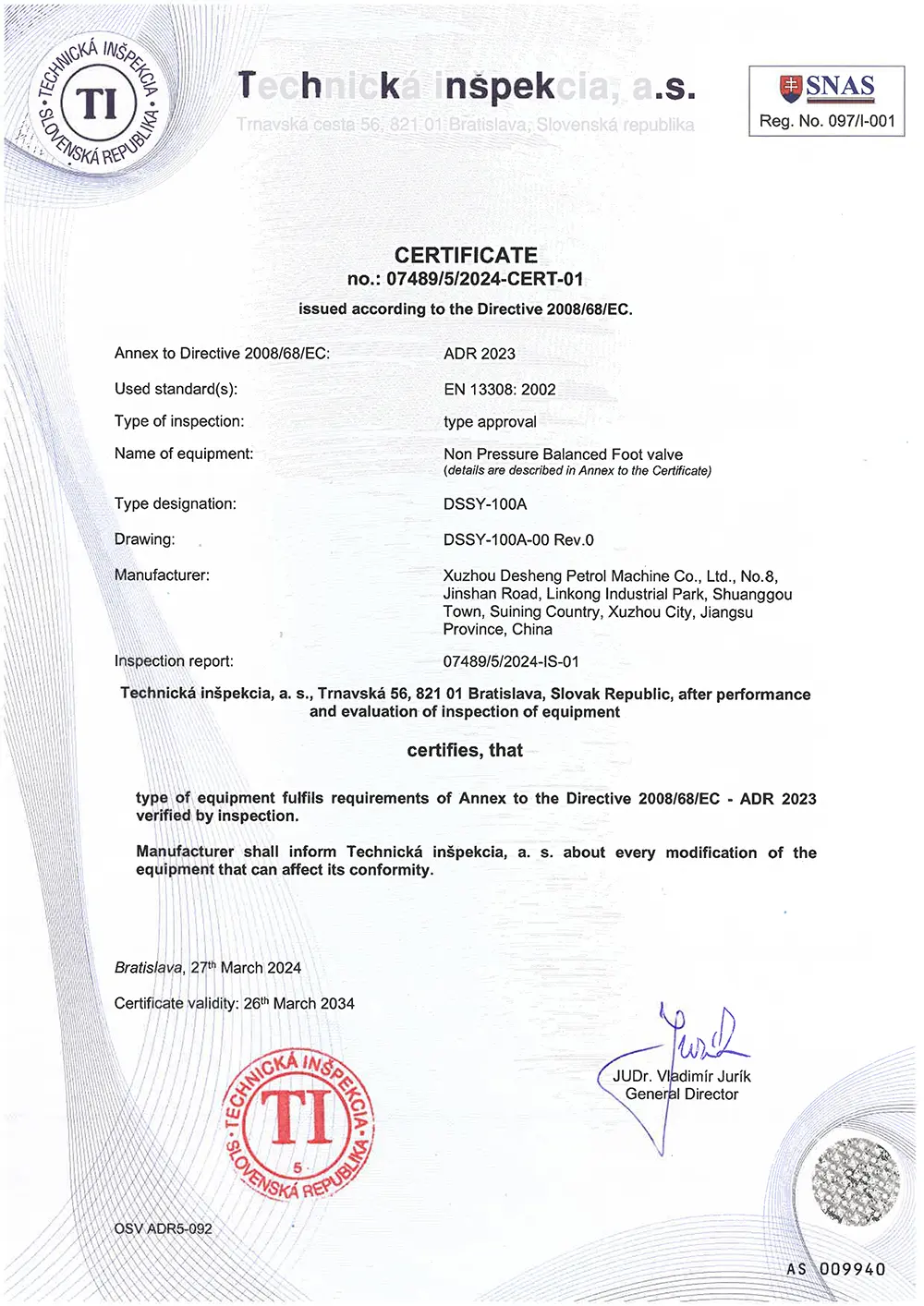 ADR Certified Emergency Shut-Off Valve